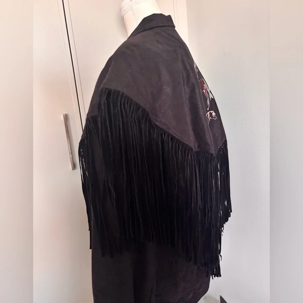 Vintage Black Fringe Western Button-Up Jacket with Embroidery Made in USA - Picture 9 of 12